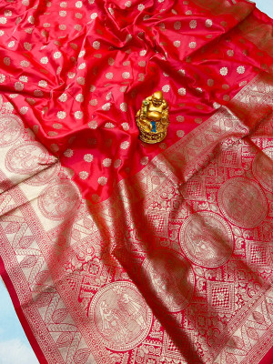 Red color soft banarasi silk saree with gold zari woven work