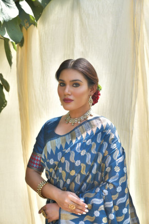 Navy blue color tussar silk saree with zari weaving work
