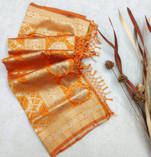 Orange color bandhani saree with zari weaving work