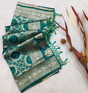 Rama green color bandhani saree with zari weaving work
