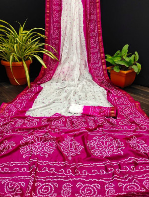 Rani pink color soft bandhani silk saree with khadi printed work