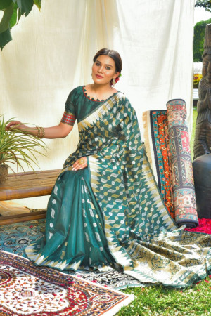 Dark green color tussar silk saree with zari weaving work