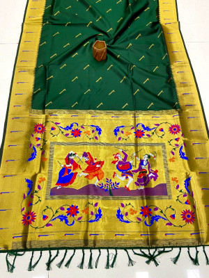 Green color soft banarasi silk saree with zari weaving work.