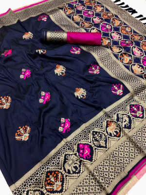 Navy blue color soft banarasi silk saree with gold zari weaving work