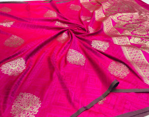 Rani pink banarasi silk saree with gold zari weaving work