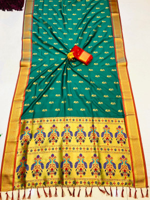 Rama green color soft paithani silk saree with gold zari weaving work