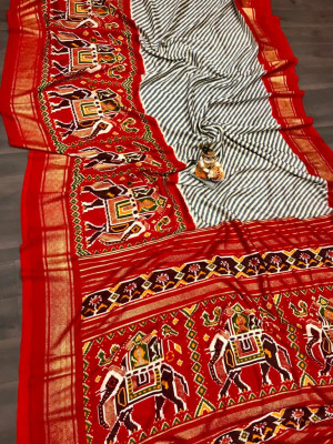 Red and gray color pashmina silk saree with foil printed work