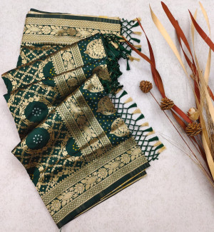 Dark green color bandhani saree with zari weaving work
