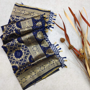 Navy blue color bandhani saree with zari weaving work