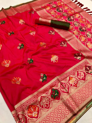 Gajari color soft banarasi silk saree with gold zari weaving work