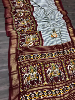 Magenta and gray color pashmina silk saree with foil printed work