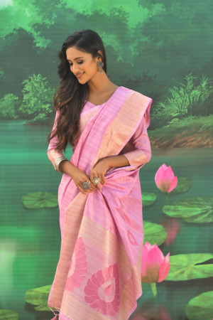 Baby pink color mulberry silk saree with zari woven work