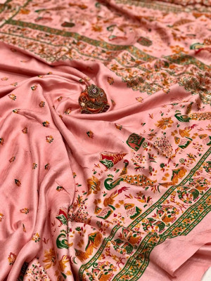 Baby pink color soft pashmina printed silk saree