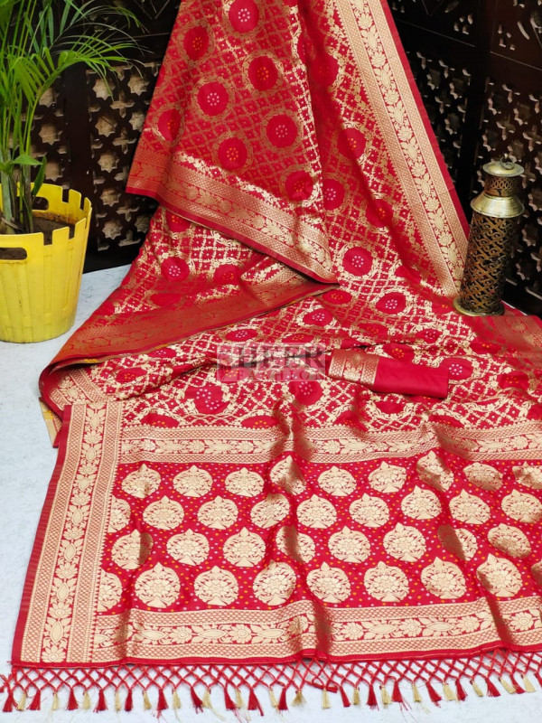 Flosive Traditional Golden Zari work soft banarasi cherry red saree –  Organza Mall