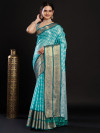 Sky blue color kanjivaram silk saree with zari weaving work
