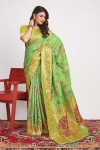 Parrot green color cotton silk saree with woven design