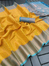 Yellow and firoji color kanchipuram silk saree with zari weaving work