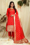 Red color paithani silk unstitched dress