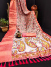 Peach color linen silk saree with kalamkari printed design