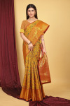 Mustard yellow color kanchipuram silk saree with kalamkari weaving work
