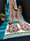 Off white color linen silk saree with kalamkari printed design