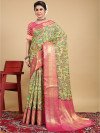 Pista green color kanchipuram silk saree with kalamkari weaving design