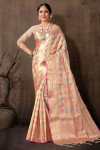 Peach color organza silk saree with zari weaving work
