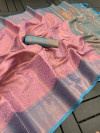 Lavender and firoji color kanchipuram silk saree with zari weaving work