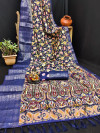 Navy blue color linen silk saree with digital printed work