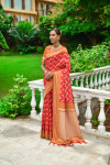 Red color soft raw silk saree with woven design