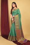 Green color kanchipuram silk saree with kalamkari weaving work