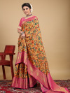 Beige color kanchipuram silk saree with kalamkari weaving design