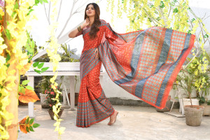 Red color tussar silk saree with printed work