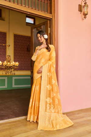 Yellow color soft cotton saree with lakhnavi work