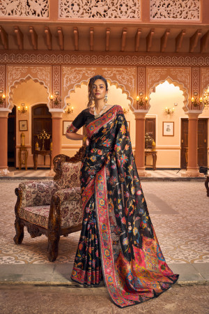 Black color banarasi silk saree with woven design