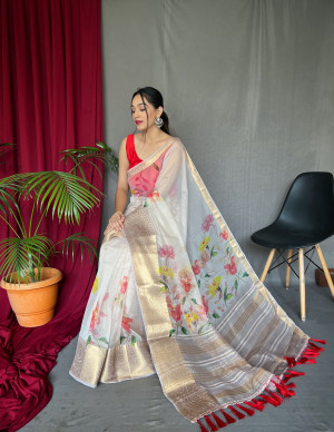 Off white color soft organza silk saree with digital printed work