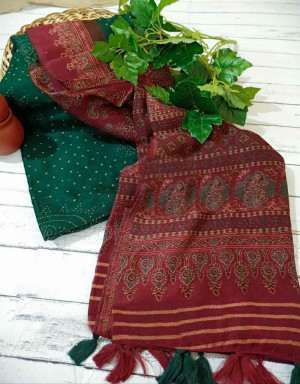 Green and maroon color soft linen cotton saree with ajrakh printed work