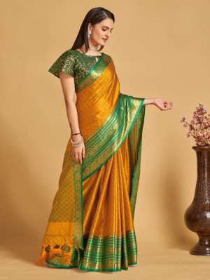 Mustard yellow color cotton silk saree with woven design