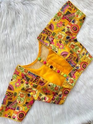Yellow color malai silk with multi codding work blouse