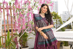 Magenta color tussar silk saree with printed work