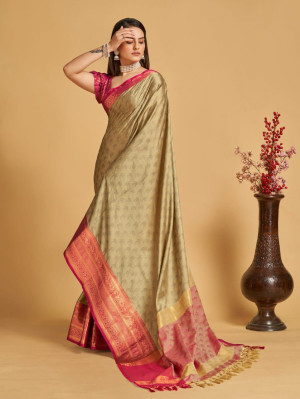 Beige color cotton silk saree with woven design
