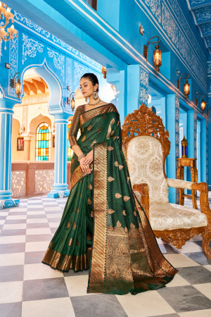 Green color katan silk saree with zari weaving work