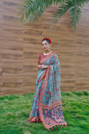 Sae green color soft cotton saree with kalamkari printed work