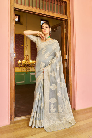 Gray color soft cotton saree with lakhnavi work