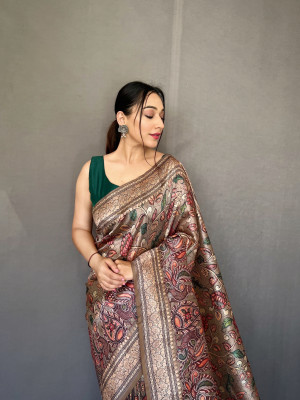 Bottle green color soft cotton silk saree with digital printed work