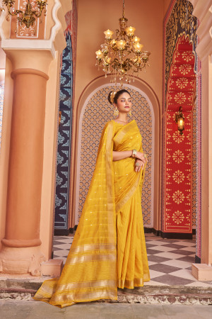 Yellow color soft cotton saree with weaving work