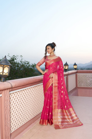 Rani pink color kota doriya saree with zari weaving work