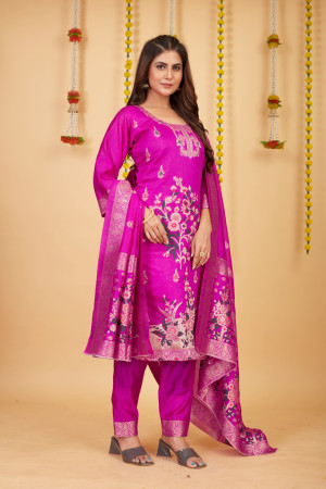 Rani pink color paithani silk unstitched dress
