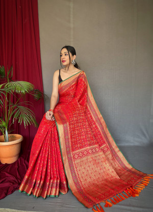 Red color patola silk saree with woven design