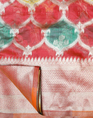 Gajari color soft organza silk saree with zari weaving work
